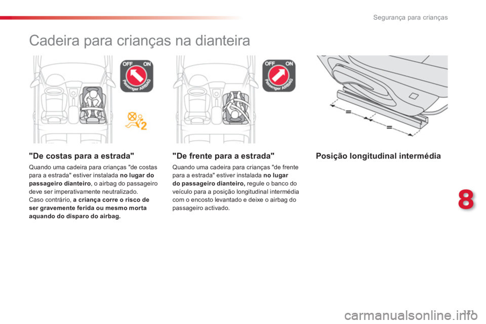 CITROEN C-ELYSÉE 2014 Manual do condutor (in Portuguese) 111
8
Segurança para crianças
Cadeira para crianças na dianteira
"De costas para a estrada"
Quando uma cadeira para crianças "de costas para a estrada" estiver instalada no lugar do passag CITROEN C-ELYSÉE 2014 Manual do condutor (in Portuguese) 111
8
Segurança para crianças
Cadeira para crianças na dianteira
"De costas para a estrada"
Quando uma cadeira para crianças "de costas para a estrada" estiver instalada no lugar do passag