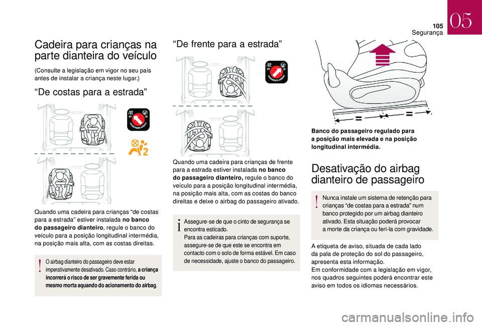 CITROEN DS3 2018  Manual do condutor (in Portuguese) 105
Cadeira para crianças na 
parte dianteira do veículo
(Consulte a legislação em vigor no seu país 
an tes de instalar a  criança neste lugar.)
“De costas para a estrada”
Quando uma cadeir