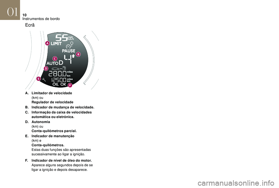CITROEN DS3 2018  Manual do condutor (in Portuguese) 10
A.Limitador de velocidade
(k m) o u
Regulador de velocidade
B. Indicador de mudança de velocidade.
C. Informação da caixa de velocidades 
automática ou eletrónica.
D. Autonomia
(k m) o u
Conta