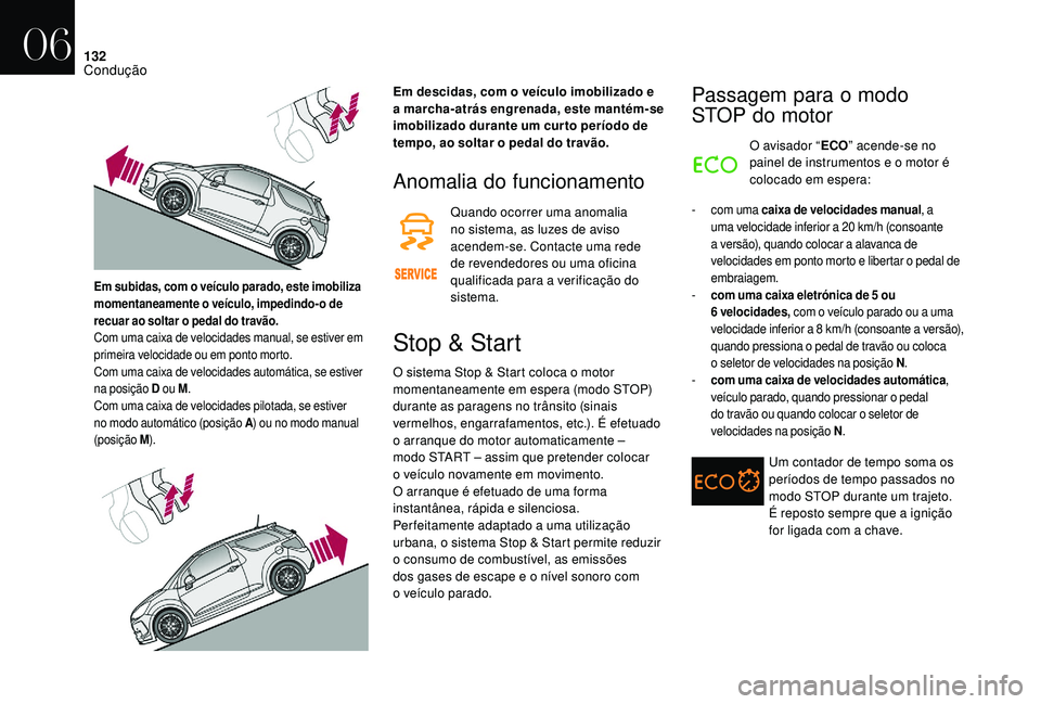 CITROEN DS3 2018  Manual do condutor (in Portuguese) 132
Anomalia do funcionamento
Quando ocorrer uma anomalia 
no sistema, as luzes de aviso 
acendem-se. Contacte uma rede 
de revendedores ou uma oficina 
qualificada para a  verificação do 
sistema.
