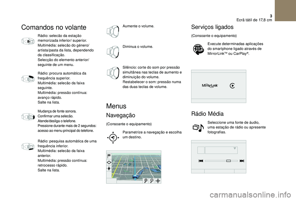 CITROEN DS3 2018 Manual do condutor (in Portuguese) 3
Comandos no volante
Rádio: selecão da estação
memorizada inferior/ superior.
Multimédia: selecão do género/
artista/pasta da lista, dependendo
da classificação.
Selecção do elemento ant CITROEN DS3 2018 Manual do condutor (in Portuguese) 3
Comandos no volante
Rádio: selecão da estação
memorizada inferior/ superior.
Multimédia: selecão do género/
artista/pasta da lista, dependendo
da classificação.
Selecção do elemento ant