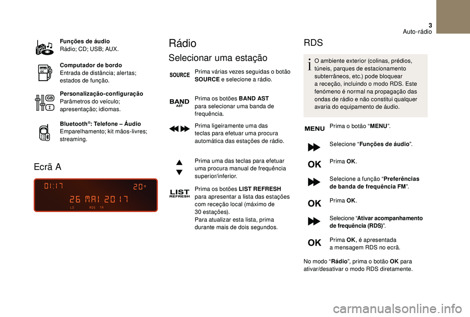CITROEN DS3 2018  Manual do condutor (in Portuguese) 3
Funções de áudio
Rádio; CD; USB; AUX.
Computador de bordo
Entrada de distância; alertas; 
estados de função.
Personalização-configuração
Parâmetros do veículo; 
apresentação; idiomas.