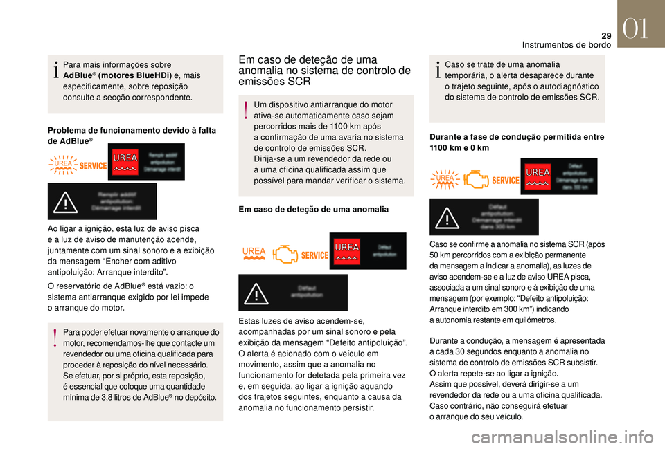 CITROEN DS3 2018 Manual do condutor (in Portuguese) 29
Para mais informações sobre
AdBlue® (motores BlueHDi) e, mais
especificamente, sobre reposição
consulte a
secção correspondente.
Problema de funcionamento devido à falta
de AdBlue
®
CITROEN DS3 2018 Manual do condutor (in Portuguese) 29
Para mais informações sobre
AdBlue® (motores BlueHDi) e, mais
especificamente, sobre reposição
consulte a
secção correspondente.
Problema de funcionamento devido à falta
de AdBlue
®