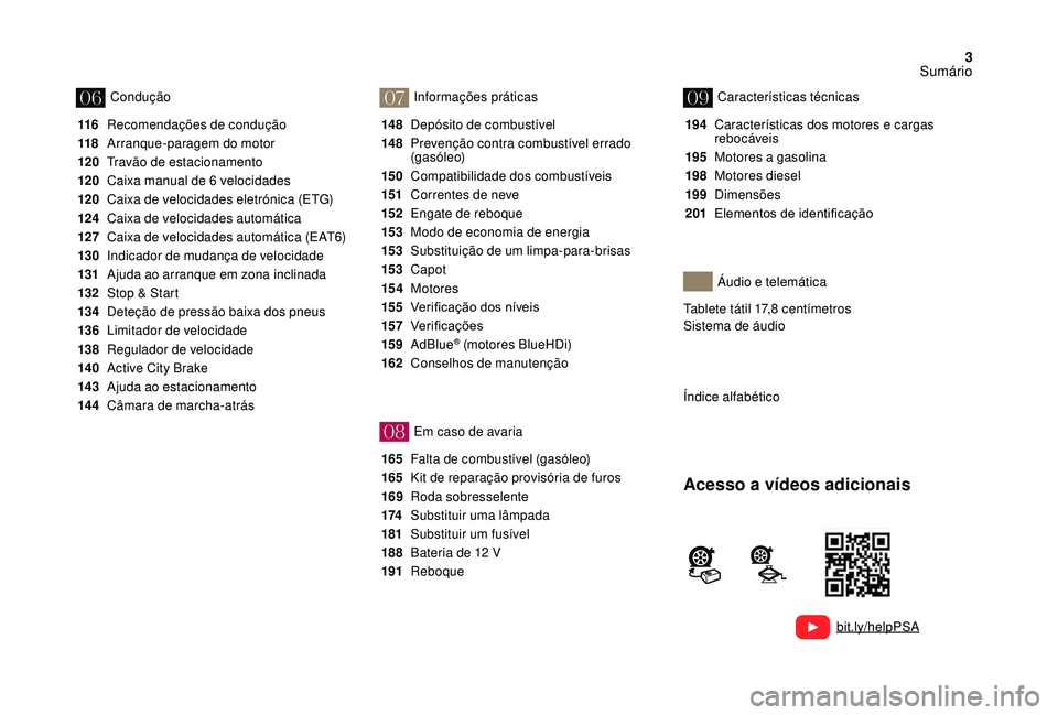 CITROEN DS3 2018 Manual do condutor (in Portuguese) 3
07
08
0609
bit.ly/helpPSA
116 Recomendações de condução
118
A
rranque-paragem do motor
120
T
ravão de estacionamento
120
C
aixa manual de 6 velocidades
120
Ca
ixa de velocidades eletr CITROEN DS3 2018 Manual do condutor (in Portuguese) 3
07
08
0609
bit.ly/helpPSA
116 Recomendações de condução
118
A
rranque-paragem do motor
120
T
ravão de estacionamento
120
C
aixa manual de 6 velocidades
120
Ca
ixa de velocidades eletr