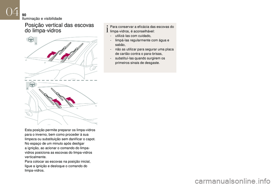 CITROEN DS3 2018  Manual do condutor (in Portuguese) 90
Posição vertical das escovas 
do limpa-vidros
Esta posição permite preparar os limpa-vidros 
para o  inverno, bem como proceder à sua 
limpeza ou substituição sem danificar o
  capot.
No esp