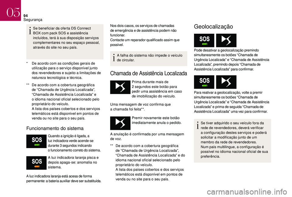 CITROEN DS3 2018  Manual do condutor (in Portuguese) 94
* De acordo com as condições gerais de utilização para o   ser viço disponível junto 
dos revendedores e sujeito a
  limitações de 
natureza tecnológica e técnica.
**
 
D
 e acordo com a 