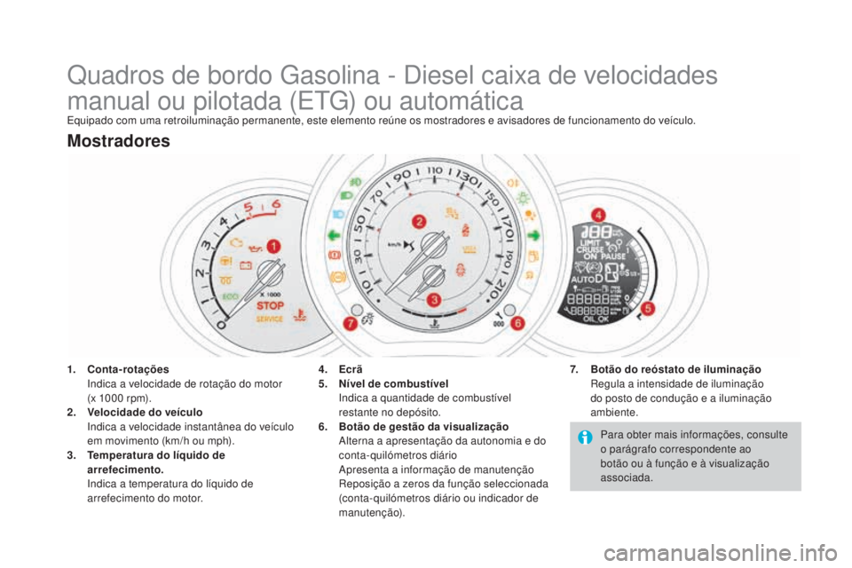 CITROEN DS3 2017 Manual do condutor (in Portuguese) DS3_pt_Chap01_controle-de-marche_ed02-2015
Quadros de bordo Gasolina - Diesel caixa de velocidades
manual ou pilotada (ETG) ou automática
Equipado com uma retroiluminação permanente, este elemento CITROEN DS3 2017 Manual do condutor (in Portuguese) DS3_pt_Chap01_controle-de-marche_ed02-2015
Quadros de bordo Gasolina - Diesel caixa de velocidades
manual ou pilotada (ETG) ou automática
Equipado com uma retroiluminação permanente, este elemento