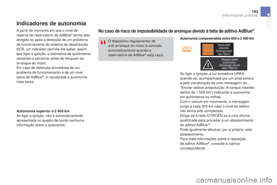 CITROEN DS3 2017  Manual do condutor (in Portuguese) 193
DS3_pt_Chap08_info-pratiques_ed02-2015
Indicadores de autonomia
A partir do momento em que o nível de 
reserva do reservatório de AdBlue® tenha sido 
atingido ou após a detecção de um proble