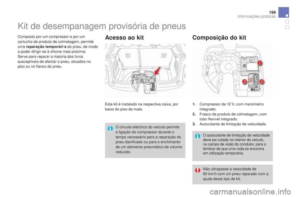CITROEN DS3 2017  Manual do condutor (in Portuguese) 199
DS3_pt_Chap08_info-pratiques_ed02-2015
O autocolante de limitação de velocidade 
deve ser colado no interior do veículo, 
no campo de visão do condutor, para o 
lembrar de que uma roda se enco