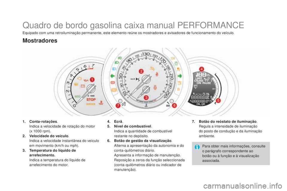 CITROEN DS3 2017 Manual do condutor (in Portuguese) DS3_pt_Chap01_controle-de-marche_ed02-2015
Quadro de bordo gasolina caixa manual PERFORMANCE
1. Conta-rotações. In
dica a velocidade de rotação do motor
(x 1000
r
pm).
2.
Ve
locidade do veí CITROEN DS3 2017 Manual do condutor (in Portuguese) DS3_pt_Chap01_controle-de-marche_ed02-2015
Quadro de bordo gasolina caixa manual PERFORMANCE
1. Conta-rotações. In
dica a velocidade de rotação do motor
(x 1000
r
pm).
2.
Ve
locidade do veí