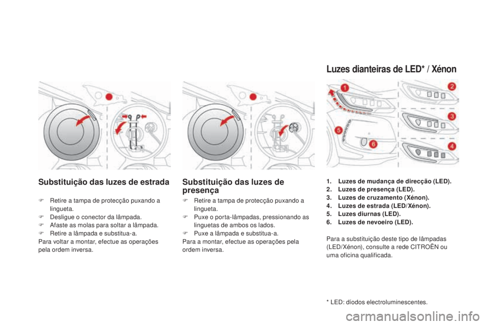 CITROEN DS3 2017  Manual do condutor (in Portuguese) DS3_pt_Chap08_info-pratiques_ed02-2015
Substituição das luzes de estradaSubstituição das luzes de 
presença
F Retire a tampa de protecção puxando a 
l
ingueta.
F
 De

sligue o conector da lâmp