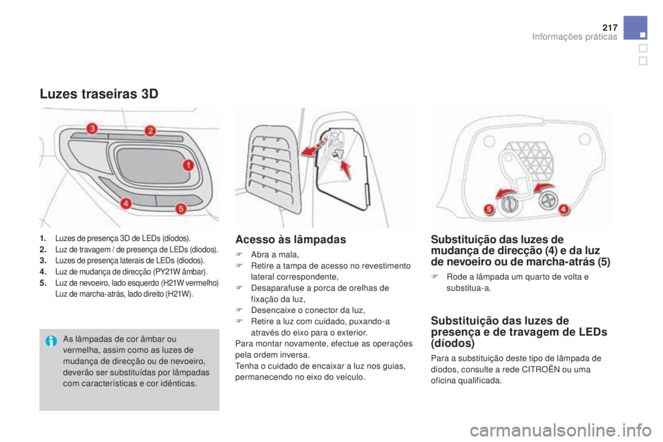 CITROEN DS3 2017  Manual do condutor (in Portuguese) 217
DS3_pt_Chap08_info-pratiques_ed02-2015
Substituição das luzes de 
mudança de direcção (4) e da luz 
de nevoeiro ou de marcha-atrás (5)
F Rode a lâmpada um quarto de volta e 
substitua-a.
Su