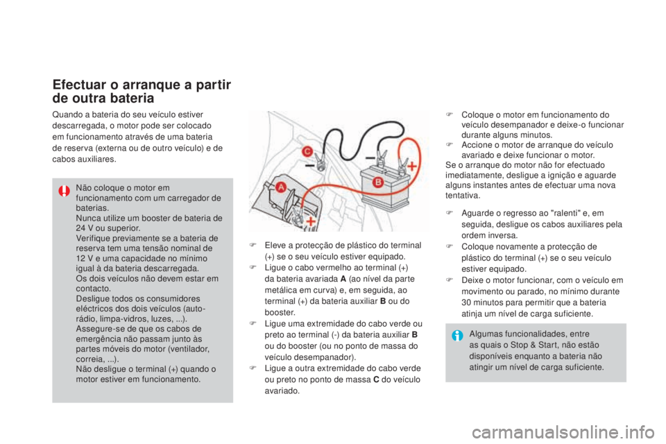 CITROEN DS3 2017  Manual do condutor (in Portuguese) DS3_pt_Chap08_info-pratiques_ed02-2015
Algumas funcionalidades, entre 
as quais o Stop & Start, não estão 
disponíveis enquanto a bateria não 
atingir um nível de carga suficiente.
Não coloque o