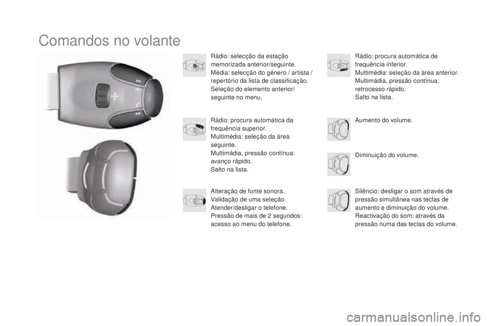 CITROEN DS3 2017 Manual do condutor (in Portuguese) DS3_pt_Chap11c_SMEGplus_ed02-2015
Comandos no volante
Rádio: selecção da estação
memorizada anterior/seguinte.
Média: selecção do género / artista /
repertório da lista de classificação. CITROEN DS3 2017 Manual do condutor (in Portuguese) DS3_pt_Chap11c_SMEGplus_ed02-2015
Comandos no volante
Rádio: selecção da estação
memorizada anterior/seguinte.
Média: selecção do género / artista /
repertório da lista de classificação.