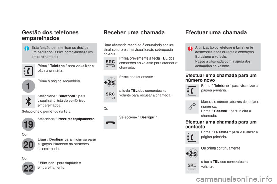 CITROEN DS3 2017 Manual do condutor (in Portuguese) 1
19
20
22
DS3_pt_Chap11c_SMEGplus_ed02-2015
Gestão dos telefones
emparelhados
Esta função permite ligar ou desligar
um periférico, assim como eliminar um
emparelhamento.A utilização do telef CITROEN DS3 2017 Manual do condutor (in Portuguese) 1
19
20
22
DS3_pt_Chap11c_SMEGplus_ed02-2015
Gestão dos telefones
emparelhados
Esta função permite ligar ou desligar
um periférico, assim como eliminar um
emparelhamento.A utilização do telef