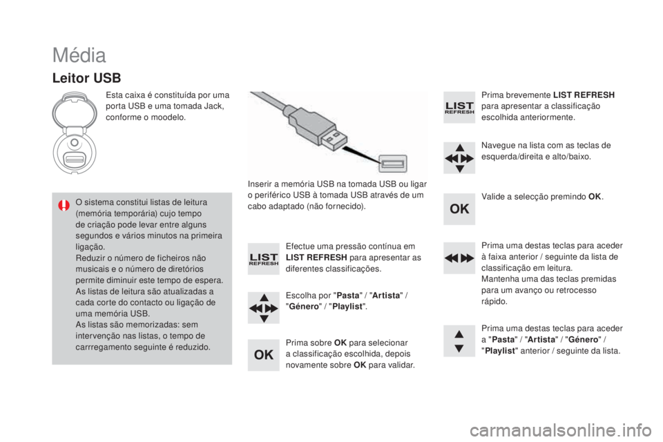 CITROEN DS3 2017 Manual do condutor (in Portuguese) DS3_pt_Chap11d_RD45_ed02-2015
Média
Leitor USB
Esta caixa é constituída por uma
porta USB e uma tomada Jack,
conforme o moodelo.Inserir a memória USB na tomada USB ou ligar
o periférico USB à CITROEN DS3 2017 Manual do condutor (in Portuguese) DS3_pt_Chap11d_RD45_ed02-2015
Média
Leitor USB
Esta caixa é constituída por uma
porta USB e uma tomada Jack,
conforme o moodelo.Inserir a memória USB na tomada USB ou ligar
o periférico USB à