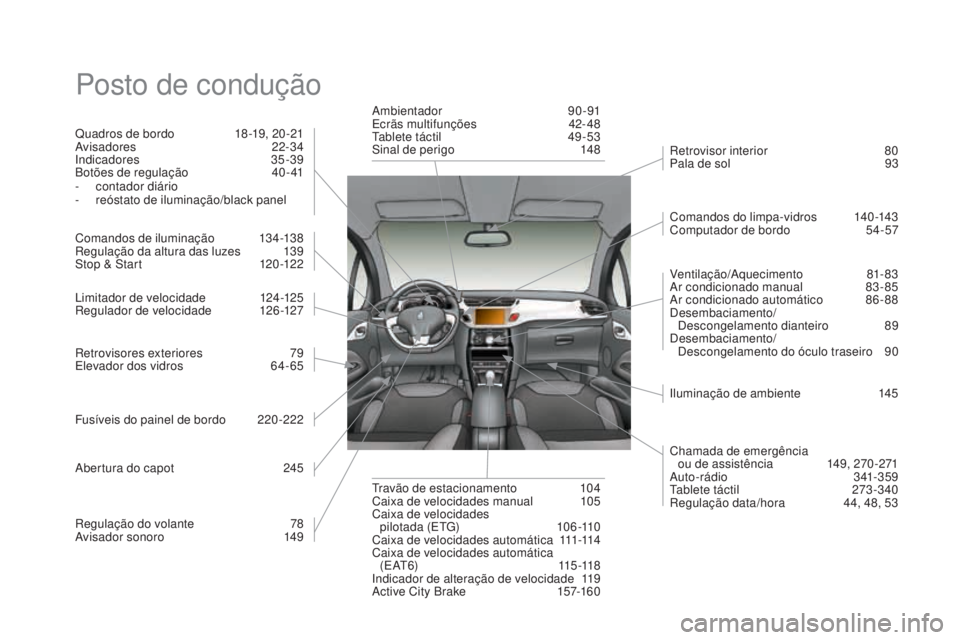 CITROEN DS3 2017 Manual do condutor (in Portuguese) DS3_pt_Chap12_index-recherche_ed02-2015
Posto de condução
Quadros de bordo 18-19, 20 -21
Avisadores 22 -34
Indicadores
35
-39
Botões de regulação
40
- 41
-
co
ntador diário
-
re
óstato CITROEN DS3 2017 Manual do condutor (in Portuguese) DS3_pt_Chap12_index-recherche_ed02-2015
Posto de condução
Quadros de bordo 18-19, 20 -21
Avisadores 22 -34
Indicadores
35
-39
Botões de regulação
40
- 41
-
co
ntador diário
-
re
óstato
