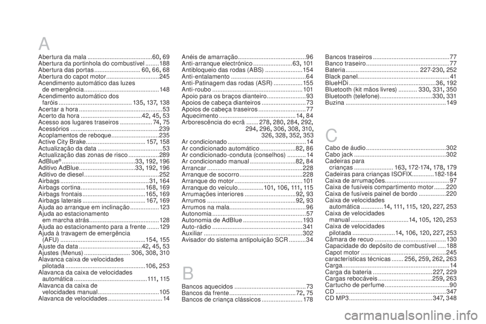 CITROEN DS3 2017 Manual do condutor (in Portuguese) DS3_pt_Chap12_index-recherche_ed02-2015
A
Abertura da mala ......................................60, 69
A bertura da portinhola do combustível ........ 18
8
Abertura das portas
..................... CITROEN DS3 2017 Manual do condutor (in Portuguese) DS3_pt_Chap12_index-recherche_ed02-2015
A
Abertura da mala ......................................60, 69
A bertura da portinhola do combustível ........ 18
8
Abertura das portas
.....................