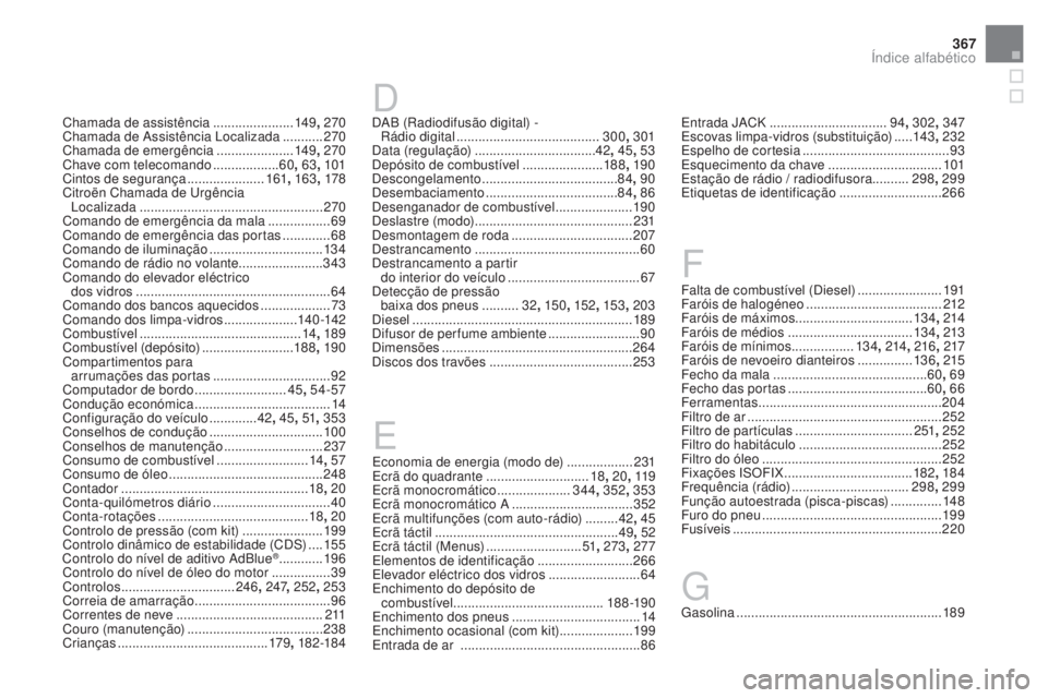 CITROEN DS3 2017 Manual do condutor (in Portuguese) 367
DS3_pt_Chap12_index-recherche_ed02-2015
DAB (Radiodifusão digital) - Rádio digital ............................... ........300, 301
Data (regulação)
..............................
...42 , 4 CITROEN DS3 2017 Manual do condutor (in Portuguese) 367
DS3_pt_Chap12_index-recherche_ed02-2015
DAB (Radiodifusão digital) - Rádio digital ............................... ........300, 301
Data (regulação)
..............................
...42 , 4
