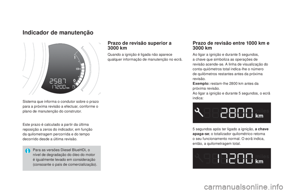 CITROEN DS3 2017  Manual do condutor (in Portuguese) DS3_pt_Chap01_controle-de-marche_ed02-2015
Sistema que informa o condutor sobre o prazo 
para a próxima revisão a efectuar, conforme o 
plano de manutenção do construtor.
Indicador de manutenção