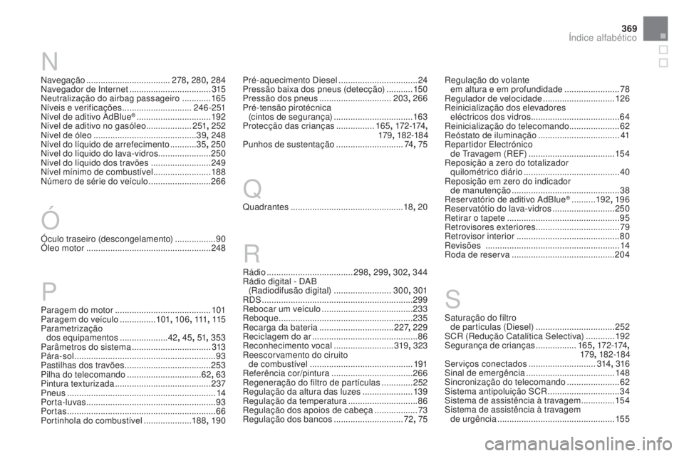 CITROEN DS3 2017 Manual do condutor (in Portuguese) 369
DS3_pt_Chap12_index-recherche_ed02-2015
Ó N
Navegação ...................................278, 280, 284
Navegador de Internet .................................. 3
15
Neutralização do airbag p CITROEN DS3 2017 Manual do condutor (in Portuguese) 369
DS3_pt_Chap12_index-recherche_ed02-2015
Ó N
Navegação ...................................278, 280, 284
Navegador de Internet .................................. 3
15
Neutralização do airbag p