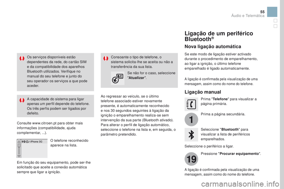 CITROEN DS3 2017 Manual do condutor (in Portuguese) 1
19
55
Os serviços disponíveis estão
dependentes da rede, do cartão SIM
e da compatibilidade dos aparelhos
Bluetooth utilizados. Verifique no
manual do seu telefone e junto do
seu operador o CITROEN DS3 2017 Manual do condutor (in Portuguese) 1
19
55
Os serviços disponíveis estão
dependentes da rede, do cartão SIM
e da compatibilidade dos aparelhos
Bluetooth utilizados. Verifique no
manual do seu telefone e junto do
seu operador o