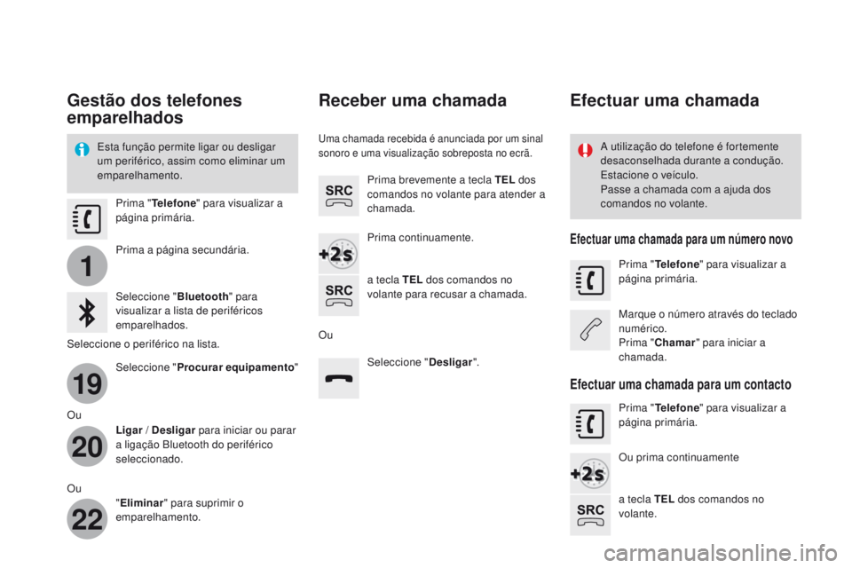 CITROEN DS3 2017 Manual do condutor (in Portuguese) 1
19
20
22
Gestão dos telefones
emparelhados
Esta função permite ligar ou desligar
um periférico, assim como eliminar um
emparelhamento.A utilização do telefone é fortemente
desaconselhada CITROEN DS3 2017 Manual do condutor (in Portuguese) 1
19
20
22
Gestão dos telefones
emparelhados
Esta função permite ligar ou desligar
um periférico, assim como eliminar um
emparelhamento.A utilização do telefone é fortemente
desaconselhada