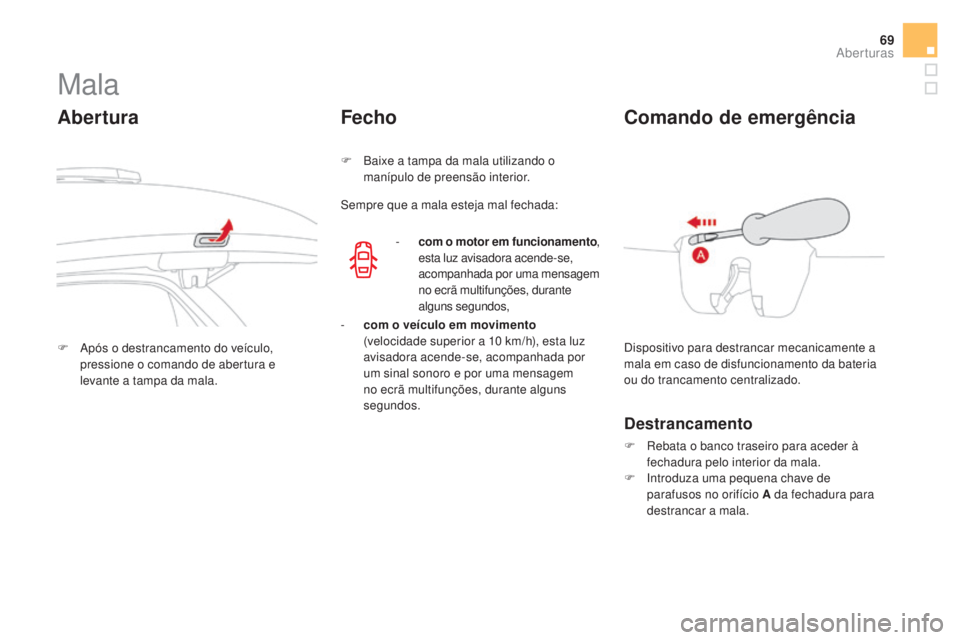 CITROEN DS3 2017 Manual do condutor (in Portuguese) 69
DS3_pt_Chap02_ouvertures_ed02-2015
Mala
Abertura
F Após o destrancamento do veículo,
pressione o comando de abertura e
levante a tampa da mala.
Fecho
F Baixe a tampa da mala utilizando o
m an CITROEN DS3 2017 Manual do condutor (in Portuguese) 69
DS3_pt_Chap02_ouvertures_ed02-2015
Mala
Abertura
F Após o destrancamento do veículo,
pressione o comando de abertura e
levante a tampa da mala.
Fecho
F Baixe a tampa da mala utilizando o
m an