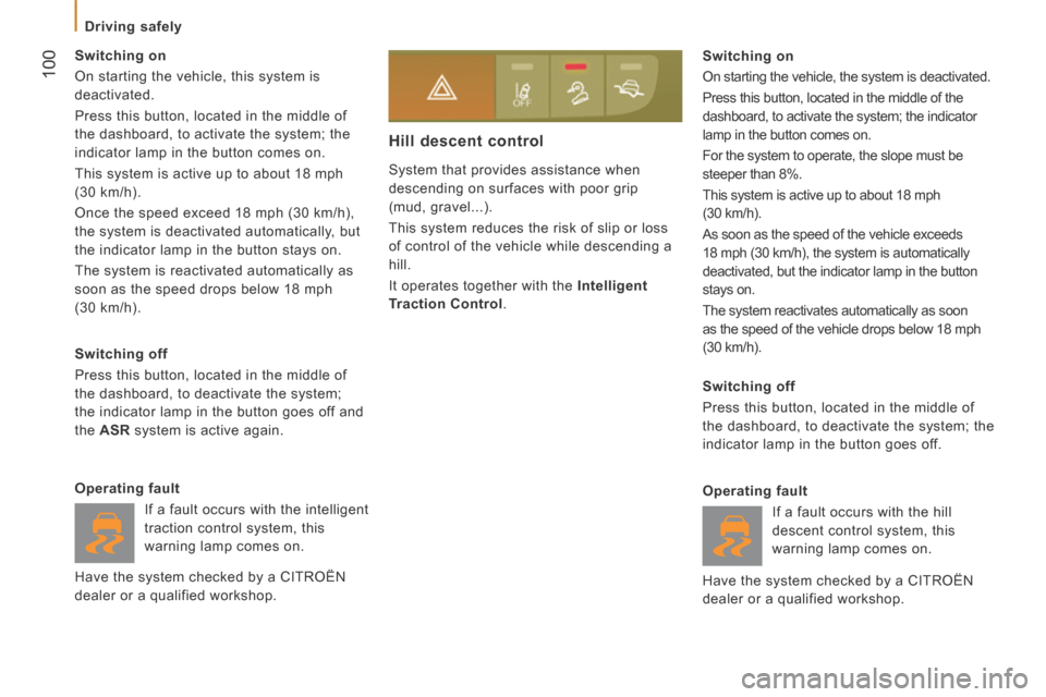 Citroen JUMPER 2014 2.G Owners Manual  100
   Driving  safely   
JUMPER-PAPIER_EN_CHAP05_SECURITE_ED01-2014
 System that provides assistance when 
descending on surfaces with poor grip 
(mud, gravel...). 
 This system reduces the risk of 