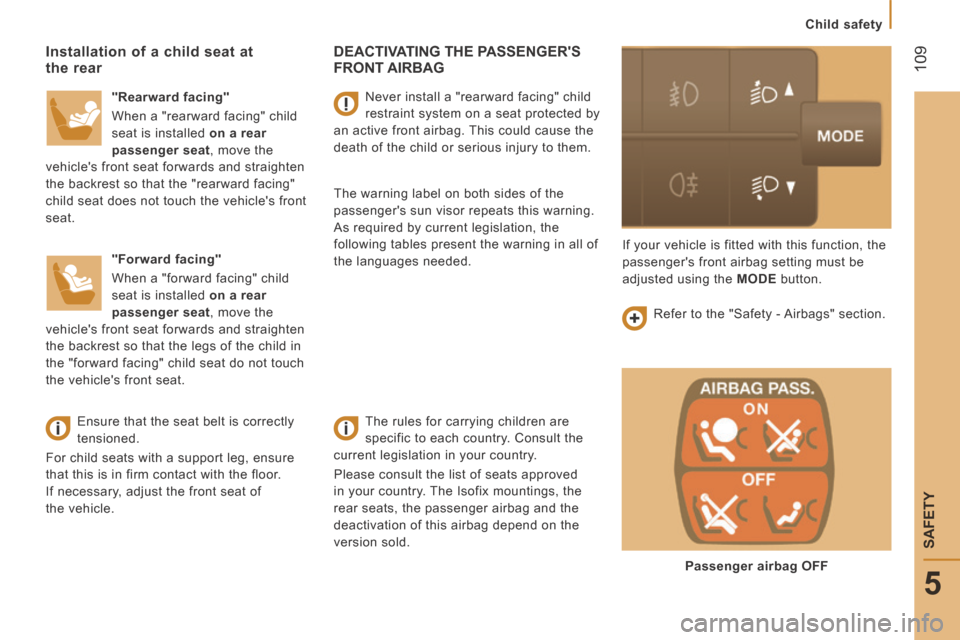 Citroen JUMPER 2014 2.G Owners Manual    Child  safety   
 109
5
SAFETY
JUMPER-PAPIER_EN_CHAP05_SECURITE_ED01-2014
 DEACTIVATING THE PASSENGERS FRONT  AIRBAG  
  The rules for carrying children are 
specific to each country. Consult the 