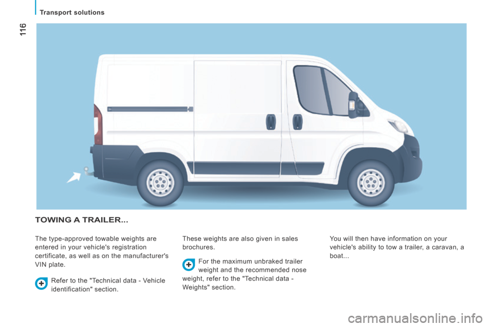 Citroen JUMPER 2014 2.G Owners Manual  11 6
   Transport  solutions   
JUMPER-PAPIER_EN_CHAP06_ACCESSOIRES_ED01-2014
 TOWING  A  TRAILER... 
 The type-approved towable weights are 
entered in your vehicles registration 
certificate, as w