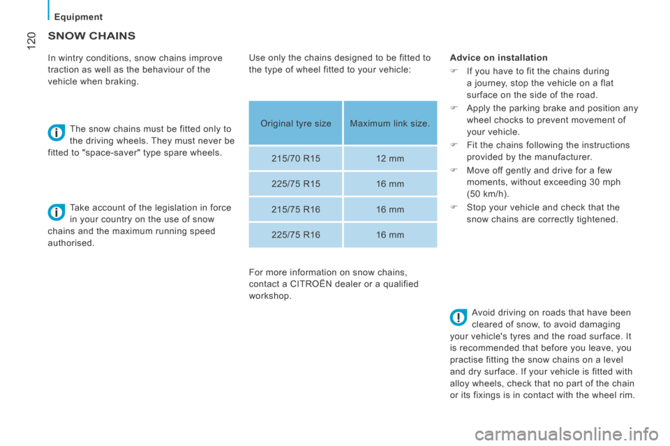 Citroen JUMPER 2014 2.G Owners Manual    Equipment   
 120
JUMPER-PAPIER_EN_CHAP06_ACCESSOIRES_ED01-2014
SNOW CHAINS 
  In wintry conditions, snow chains improve 
traction as well as the behaviour of the 
vehicle when braking.   The snow 