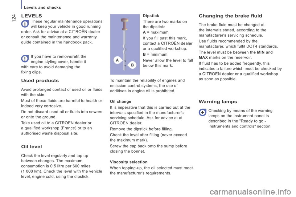 Citroen JUMPER 2014 2.G Owners Guide    Levels  and  checks   
 124
JUMPER-PAPIER_EN_CHAP07_VERIFICATIONS_ED01-2014
        Used  products 
 Avoid prolonged contact of used oil or fluids 
with the skin. 
 Most of these fluids are harmful