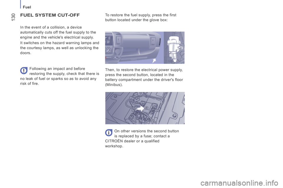 Citroen JUMPER 2014 2.G Owners Manual    Fuel   
 130
JUMPER-PAPIER_EN_CHAP07_VERIFICATIONS_ED01-2014
 FUEL SYSTEM CUT-OFF 
  Following an impact and before 
restoring the supply, check that there is 
no leak of fuel or sparks so as to av