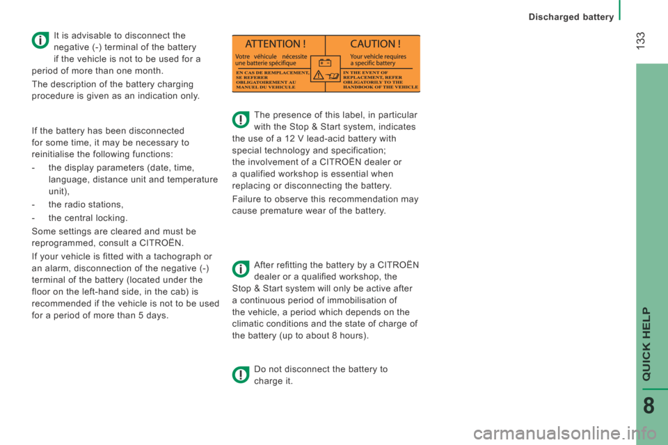 Citroen JUMPER 2014 2.G Owners Manual  133
   Discharged  battery   
QUICK HELP
8
JUMPER-PAPIER_EN_CHAP08_AIDE RAPIDE_ED01-2014
       
The presence of this label, in particular 
with the Stop & Start system, indicates 
the use of a 12 V 