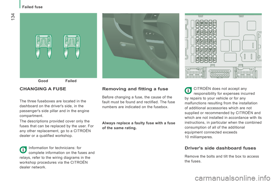 Citroen JUMPER 2014 2.G Owners Manual    Failed  fuse   
 134
JUMPER-PAPIER_EN_CHAP08_AIDE RAPIDE_ED01-2014
 The three fuseboxes are located in the 
dashboard on the drivers side, in the 
passengers side pillar and in the engine 
compar