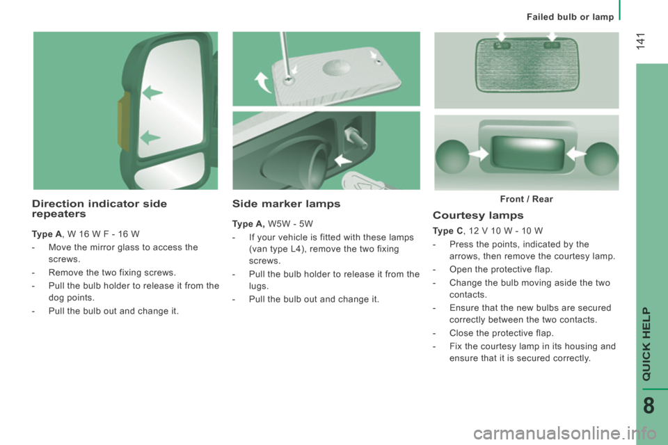 Citroen JUMPER 2014 2.G Owners Manual    Failed  bulb  or  lamp   
 141
QUICK HELP
8
JUMPER-PAPIER_EN_CHAP08_AIDE RAPIDE_ED01-2014
  Courtesy  lamps 
  Type C , 12 V 10 W - 10 W 
   -   Press the points, indicated by the arrows, then remo