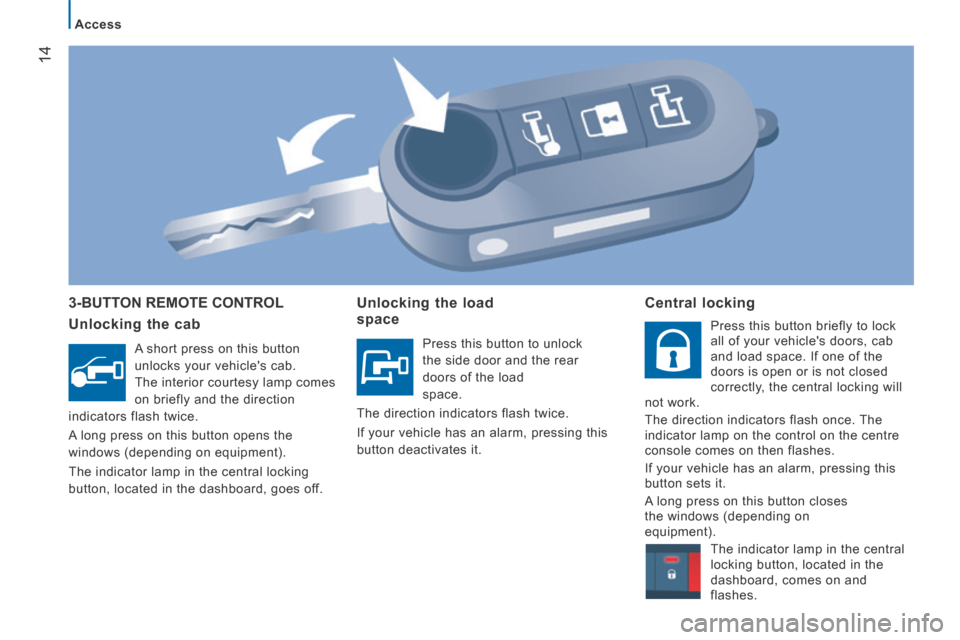 Citroen JUMPER 2014 2.G User Guide 14
Access
JUMPER-PAPIER_EN_CHAP02_PRET A PARTIR_ED01-2014
3-BUTTON REMOTE CONTROL
Unlocking the cab
A short press on this button
unlocks your vehicles cab.
The interior courtesy lamp Citroen JUMPER 2014 2.G User Guide 14
Access
JUMPER-PAPIER_EN_CHAP02_PRET A PARTIR_ED01-2014
3-BUTTON REMOTE CONTROL
Unlocking the cab
A short press on this button
unlocks your vehicles cab.
The interior courtesy lamp