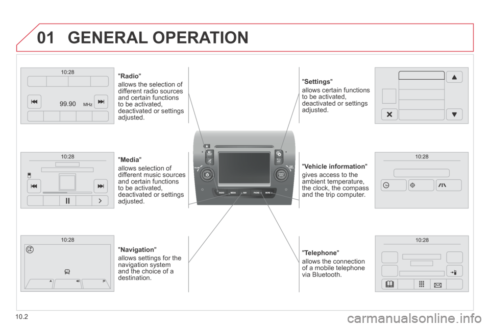 Citroen JUMPER 2014 2.G Owners Manual 01
  " Telephone "  
allows the connection of a mobile telephone via  Bluetooth.   
  " Vehicle information "  
gives access to the ambient temperature, the clock, the compass and the trip computer.  