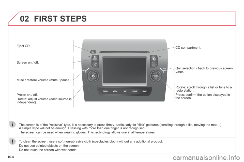 Citroen JUMPER 2014 2.G Owners Manual 02
10.4
Rotate: scroll through a list or tune to a radio station.
Press: confi rm the option displayed in the screen.
Quit selection / back to previous screen page.
CD compartment.
Citroen JUMPER 2014 2.G Owners Manual 02
10.4
Rotate: scroll through a list or tune to a radio station.
Press: confi rm the option displayed in the screen.
Quit selection / back to previous screen page.
CD compartment.