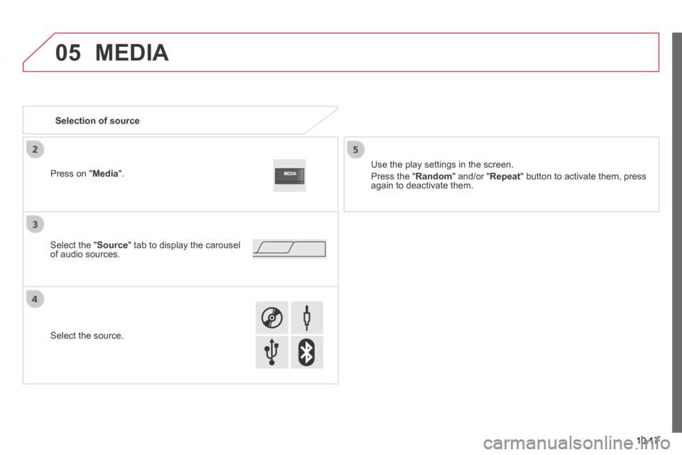 Citroen JUMPER 2014 2.G Owners Manual 05
10.17
JUMPER-PAPIER_EN_CHAP10A_AUTORADIO_FIAT-TACTILE-1_ED01-2014
 MEDIA 
                 Selection  of  source  
  Use the play settings in the screen. 
 Press the " Random " and/or " Repeat " bu
