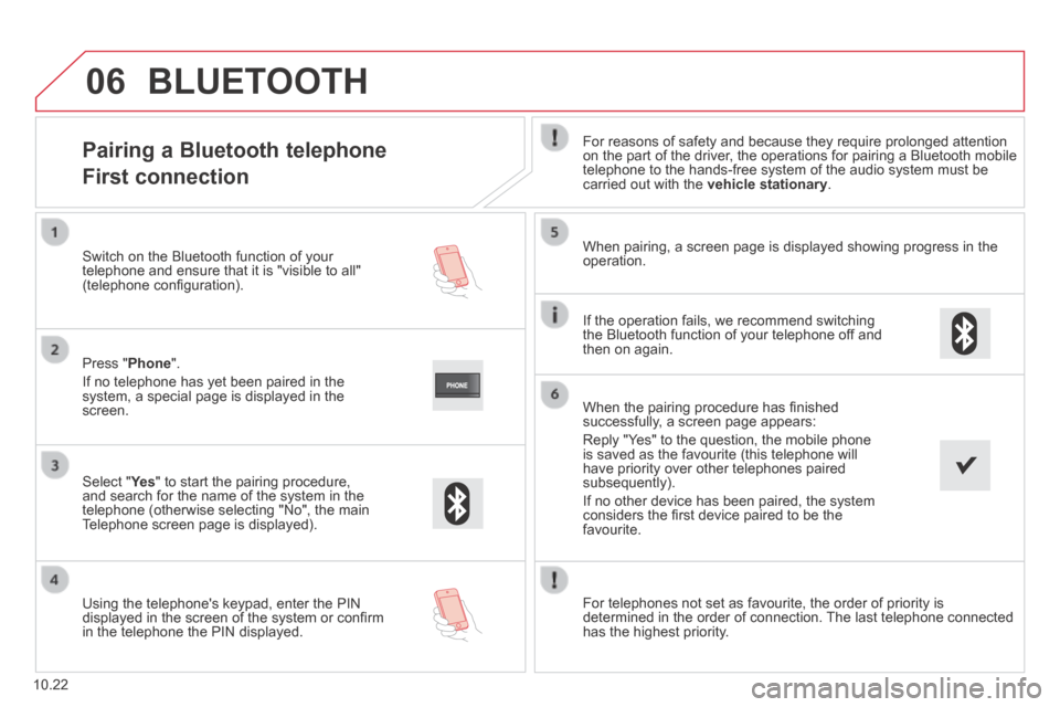 Citroen JUMPER 2014 2.G Owners Manual 06
10.22
            Pairing  a  Bluetooth  telephone  
First connection 
  For reasons of safety and because they require prolonged attention on the part of the driver, the operations for pairing a B