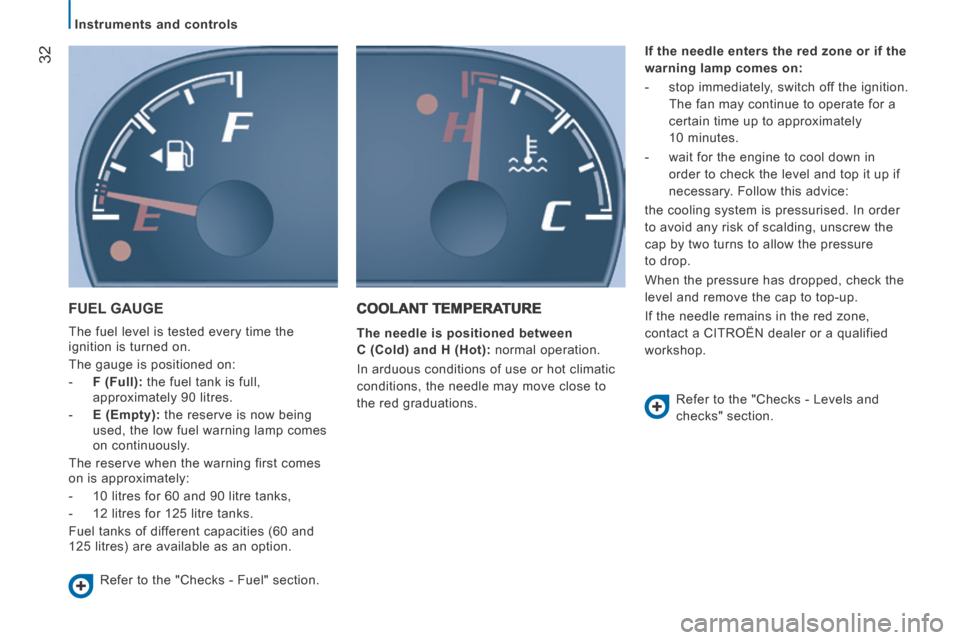 Citroen JUMPER 2014 2.G Owners Manual    Instruments  and  controls   
32
JUMPER-PAPIER_EN_CHAP02_PRET A  PARTIR_ED01-2014
 FUEL  GAUGE 
 
The fuel level is tested every time the 
ignition is turned on. 
 The gauge is positioned on: 
   -