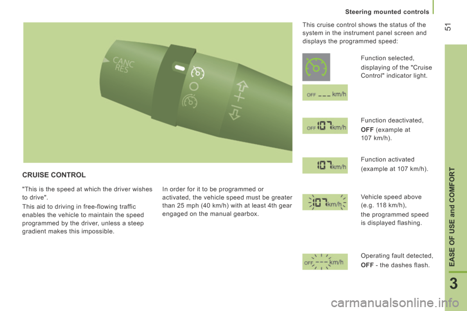 Citroen JUMPER 2014 2.G Owners Manual 51
3
EASE OF USE 
and
 COMFORT
   Steering  mounted  controls   
JUMPER-PAPIER_EN_CHAP03_ERGO ET CONFORT_ED01-2014
 CRUISE  CONTROL 
 "This is the speed at which the driver wishes 
to drive". 
 This a