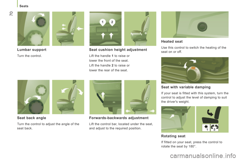 Citroen JUMPER 2014 2.G Manual PDF    Seats   
70
JUMPER-PAPIER_EN_CHAP03_ERGO ET CONFORT_ED01-2014
  Lumbar  support 
 Turn the control.  
  Seat cushion height adjustment 
 Lift the handle  1  to raise or   
lower the front of the se