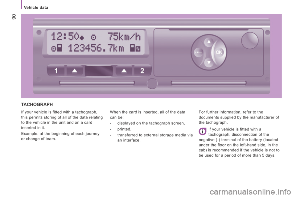 Citroen JUMPER 2014 2.G Owners Manual  90
   Vehicle  data   
JUMPER-PAPIER_EN_CHAP04_TECHNOLOGIE A  BORD_ED01-2014
 TACHOGRAPH 
 If your vehicle is fitted with a tachograph, 
this permits storing of all of the data relating 
to the vehic