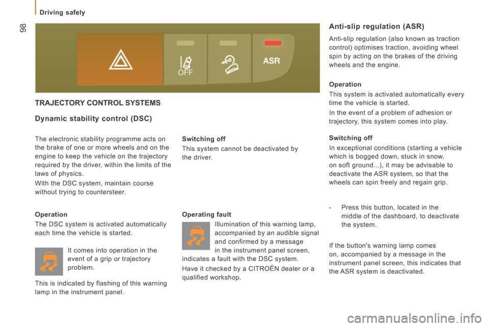 Citroen JUMPER 2014 2.G Owners Manual  98
   Driving  safely   
JUMPER-PAPIER_EN_CHAP05_SECURITE_ED01-2014
       TRAJECTORY  CONTROL  SYSTEMS 
  Switching  off 
 This system cannot be deactivated by 
the  driver.  
  Dynamic stability co