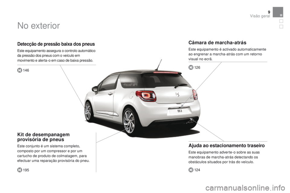 CITROEN DS3 2016 Manual do condutor (in Portuguese) 9
DS3_pt_Chap00b_vue-ensemble_ed01-2015
detecção de pressão baixa dos pneus
Este equipamento assegura o controlo automático
da pressão dos pneus com o veÃculo em
movimento e alerta-o em caso d CITROEN DS3 2016 Manual do condutor (in Portuguese) 9
DS3_pt_Chap00b_vue-ensemble_ed01-2015
detecção de pressão baixa dos pneus
Este equipamento assegura o controlo automático
da pressão dos pneus com o veÃculo em
movimento e alerta-o em caso d
