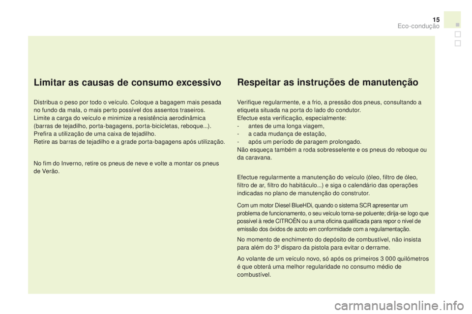 CITROEN DS3 2016 Manual do condutor (in Portuguese) 15
DS3_pt_Chap00c_eco-conduite_ed01-2015
Limitar as causas de consumo excessivo
Distribua o peso por todo o veÃculo. Coloque a bagagem mais pesada
no fundo da mala, o mais perto possÃvel dos assent CITROEN DS3 2016 Manual do condutor (in Portuguese) 15
DS3_pt_Chap00c_eco-conduite_ed01-2015
Limitar as causas de consumo excessivo
Distribua o peso por todo o veÃculo. Coloque a bagagem mais pesada
no fundo da mala, o mais perto possÃvel dos assent