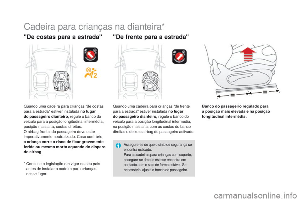 CITROEN DS3 2016  Manual do condutor (in Portuguese) DS3_pt_Chap07_securite-enfants_ed01-2015
Cadeira para crianças na dianteira*
"de costas para a estrada" "de frente para a estrada"
Banco do passageiro regulado para 
a posição mais 